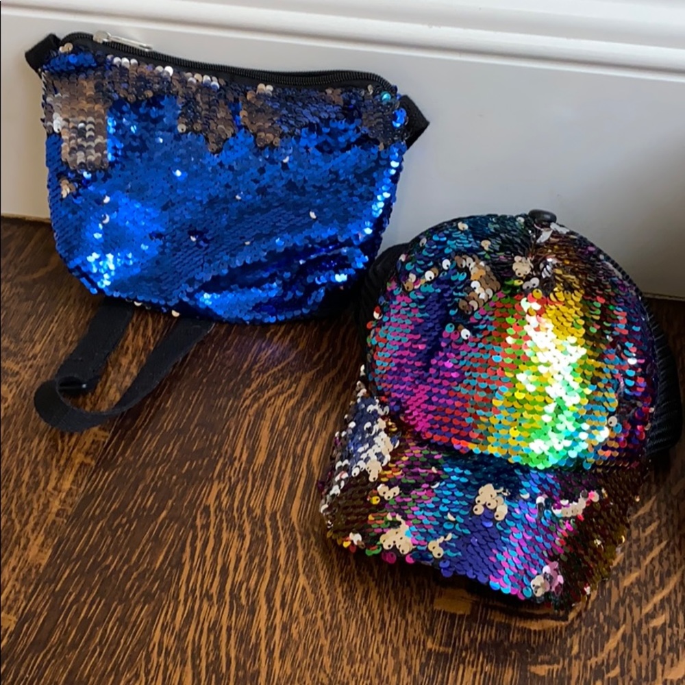 Sequin trucker hat and small handbag